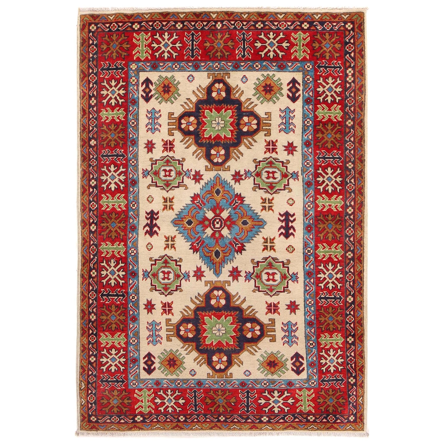 Kazak Rug Handmade Ivory Medallion 4x6 ft