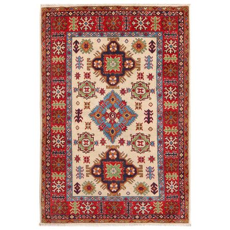 Kazak Rug Handmade Ivory Medallion 4x6 ft