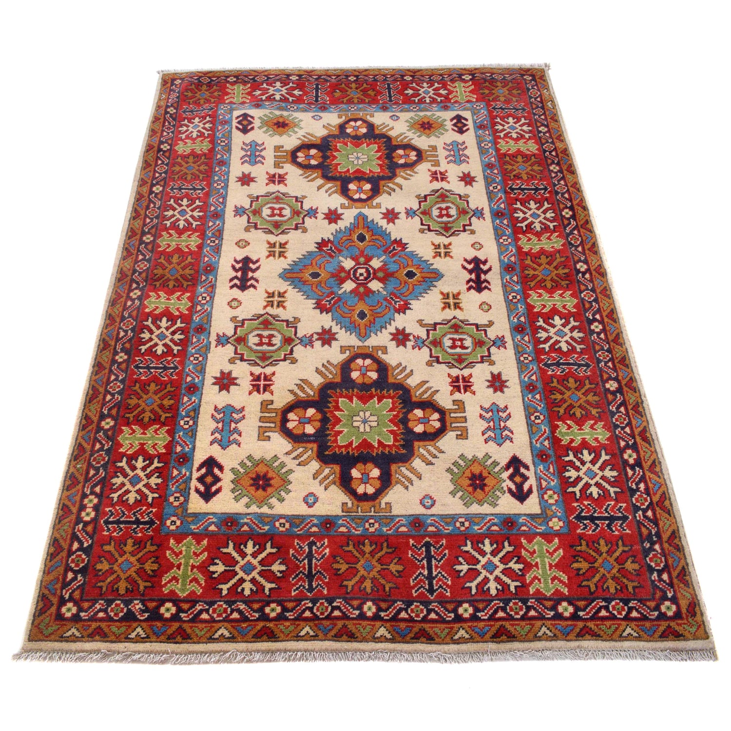 Kazak Rug Handmade Ivory Medallion 4x6 ft