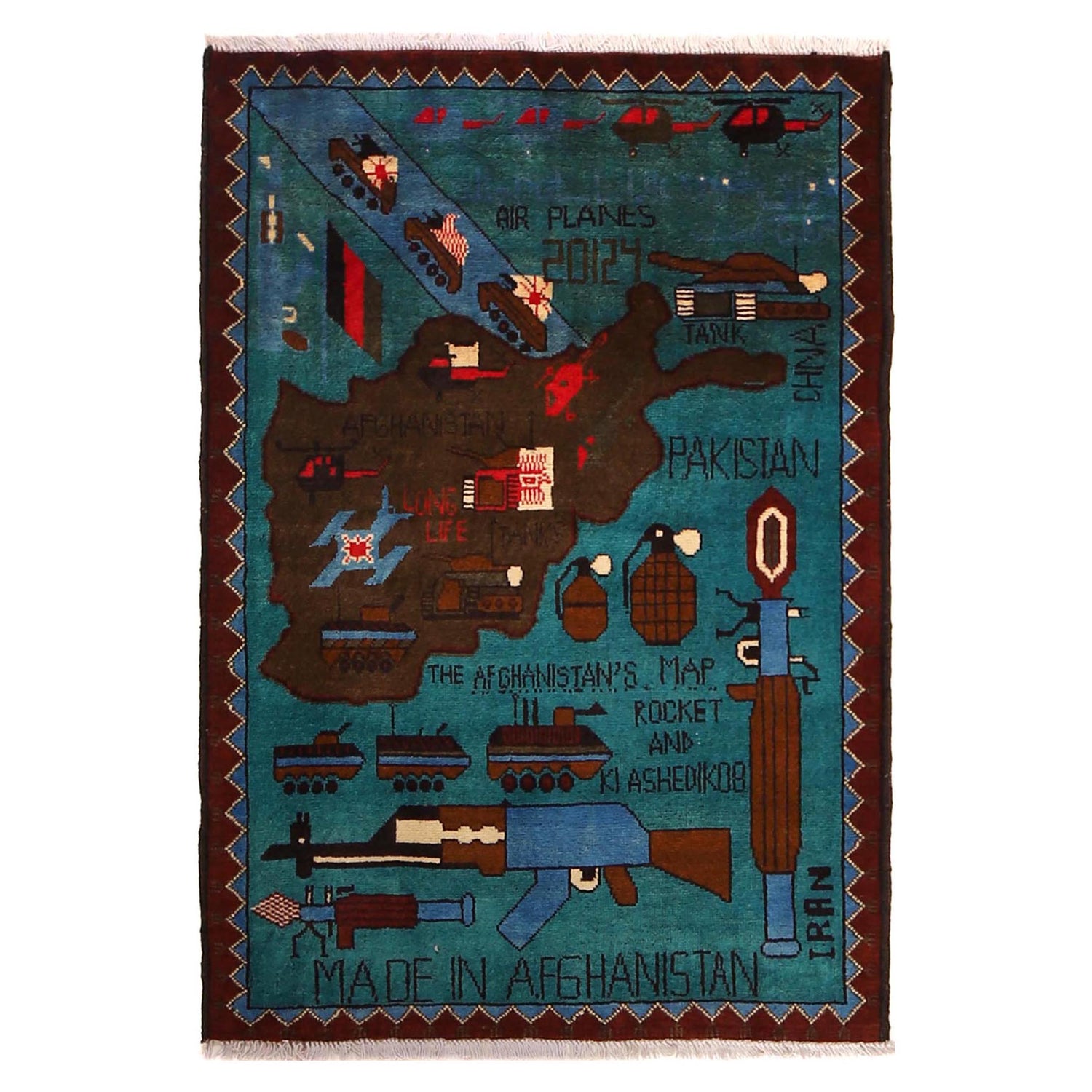War Area Rug Handmade Blue Map + Rifle 2x4 ft