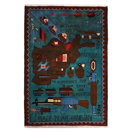 War Area Rug Handmade Blue Map + Rifle 2x4 ft