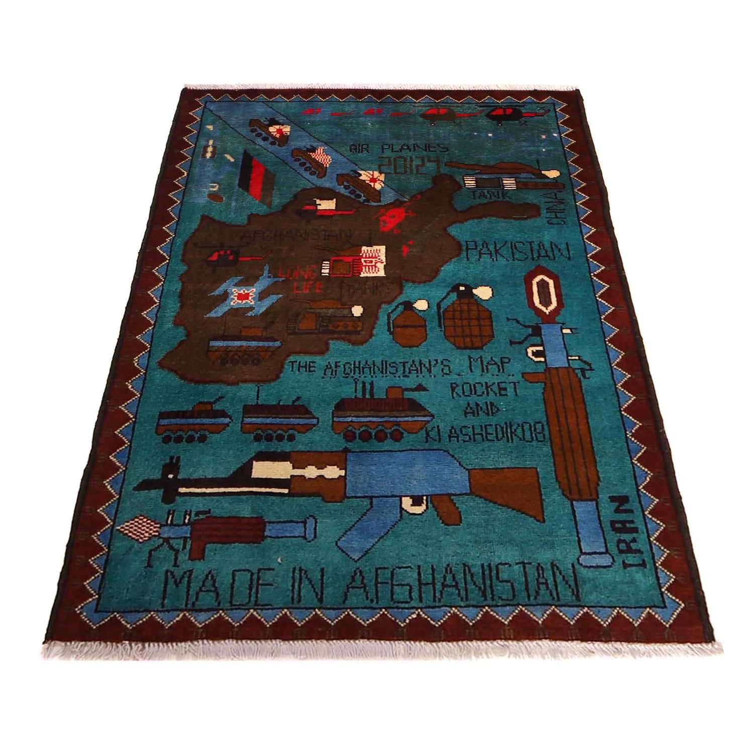 War Area Rug Handmade Blue Map + Rifle 2x4 ft