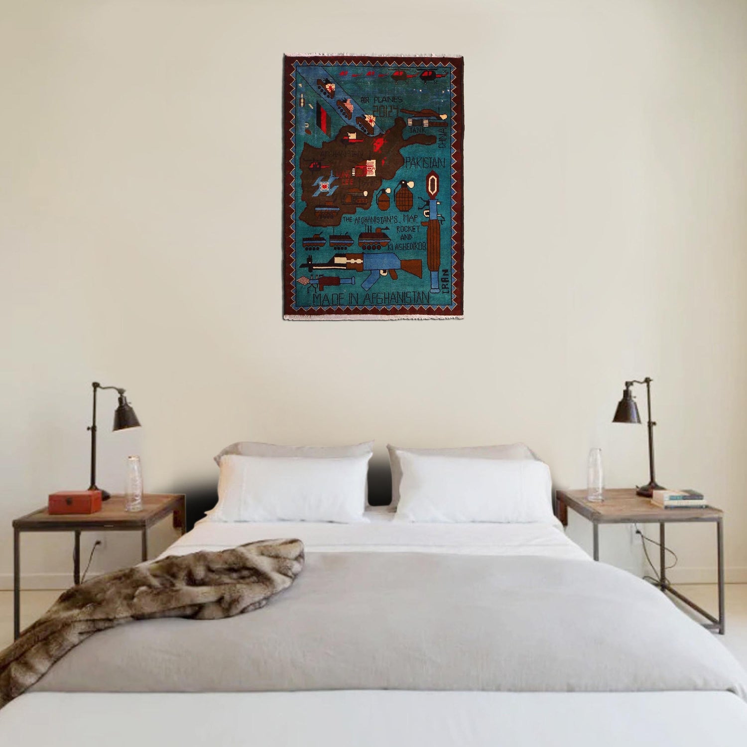 War Area Rug Handmade Blue Map + Rifle 2x4 ft