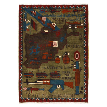 War Area Rug Handmade Green Riffle + Map 2x4 ft