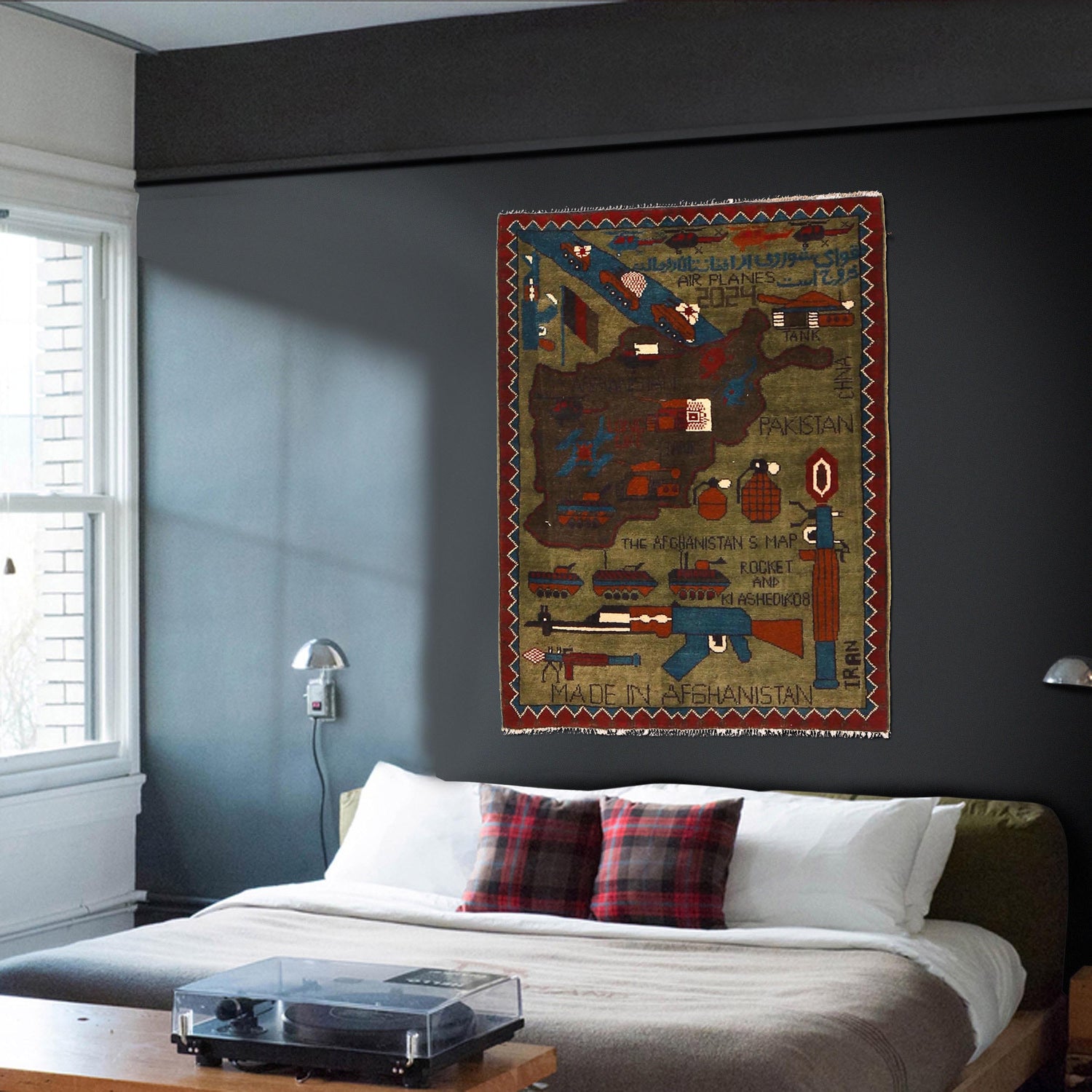 War Area Rug Handmade Green Riffle + Map 2x4 ft