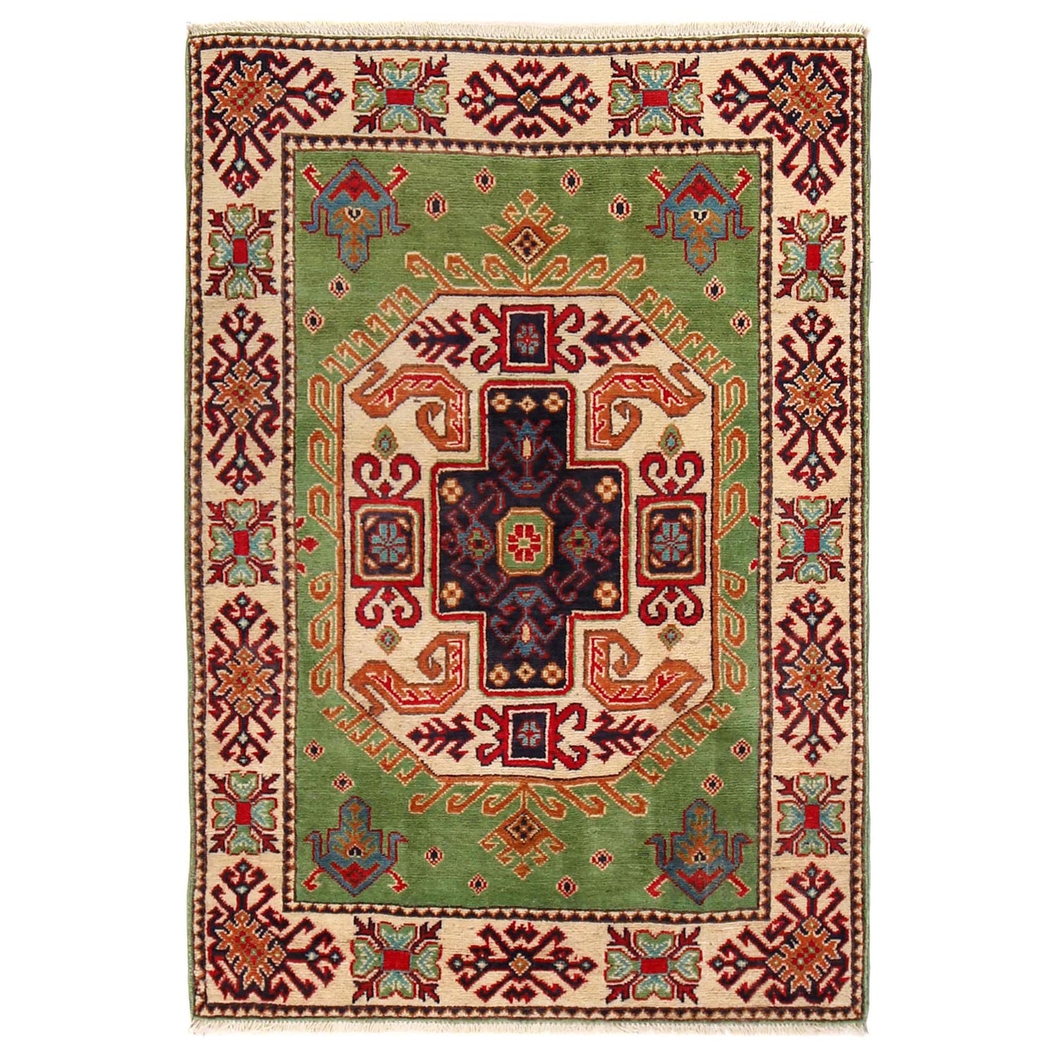Kazak Rug Handmade Green Medallion 3x5 ft