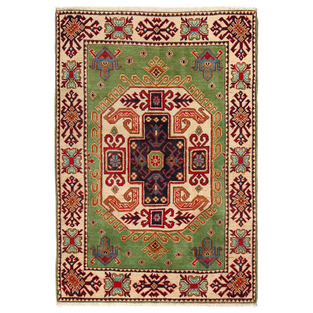 Kazak Rug Handmade Green Medallion 3x5 ft