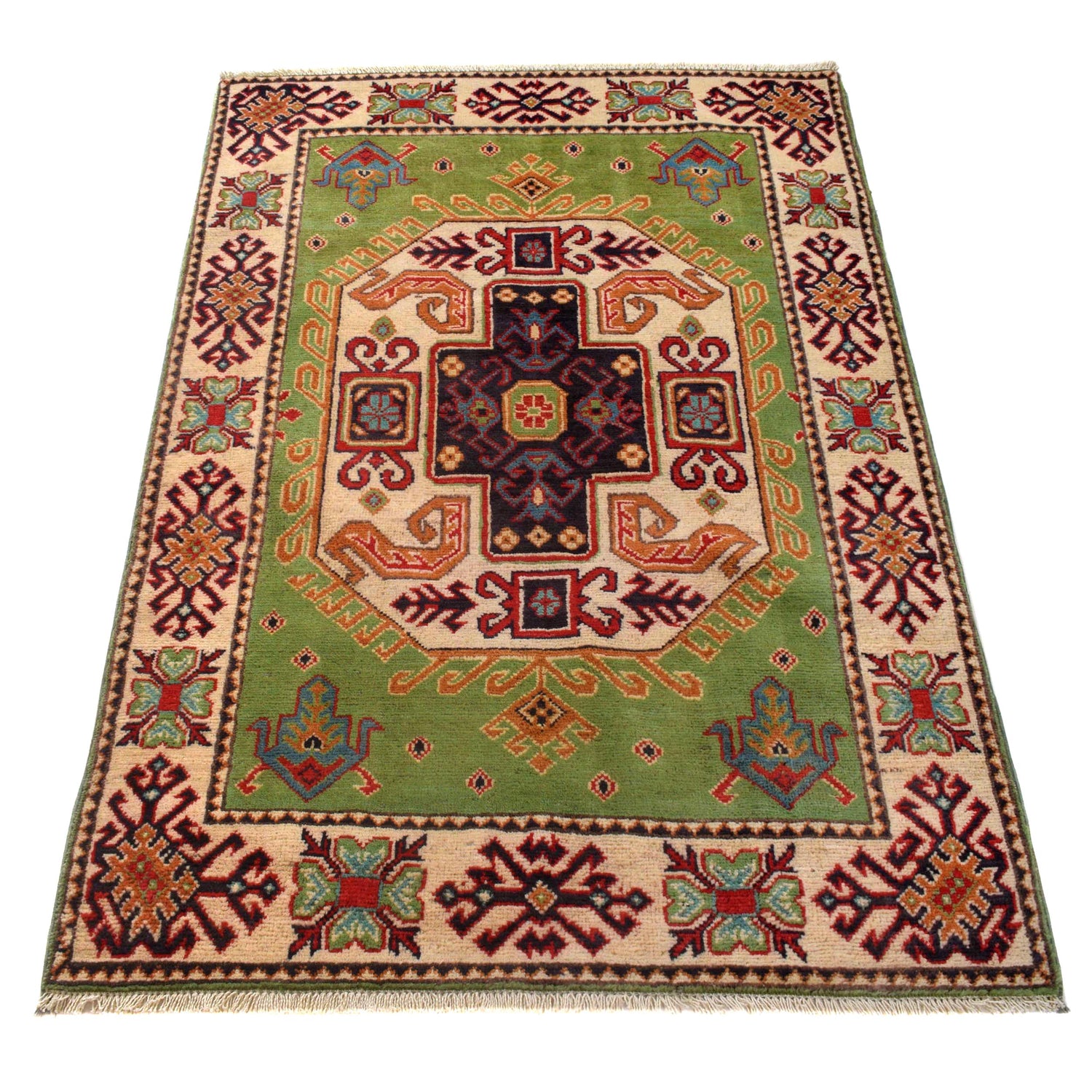 Kazak Rug Handmade Green Medallion 3x5 ft