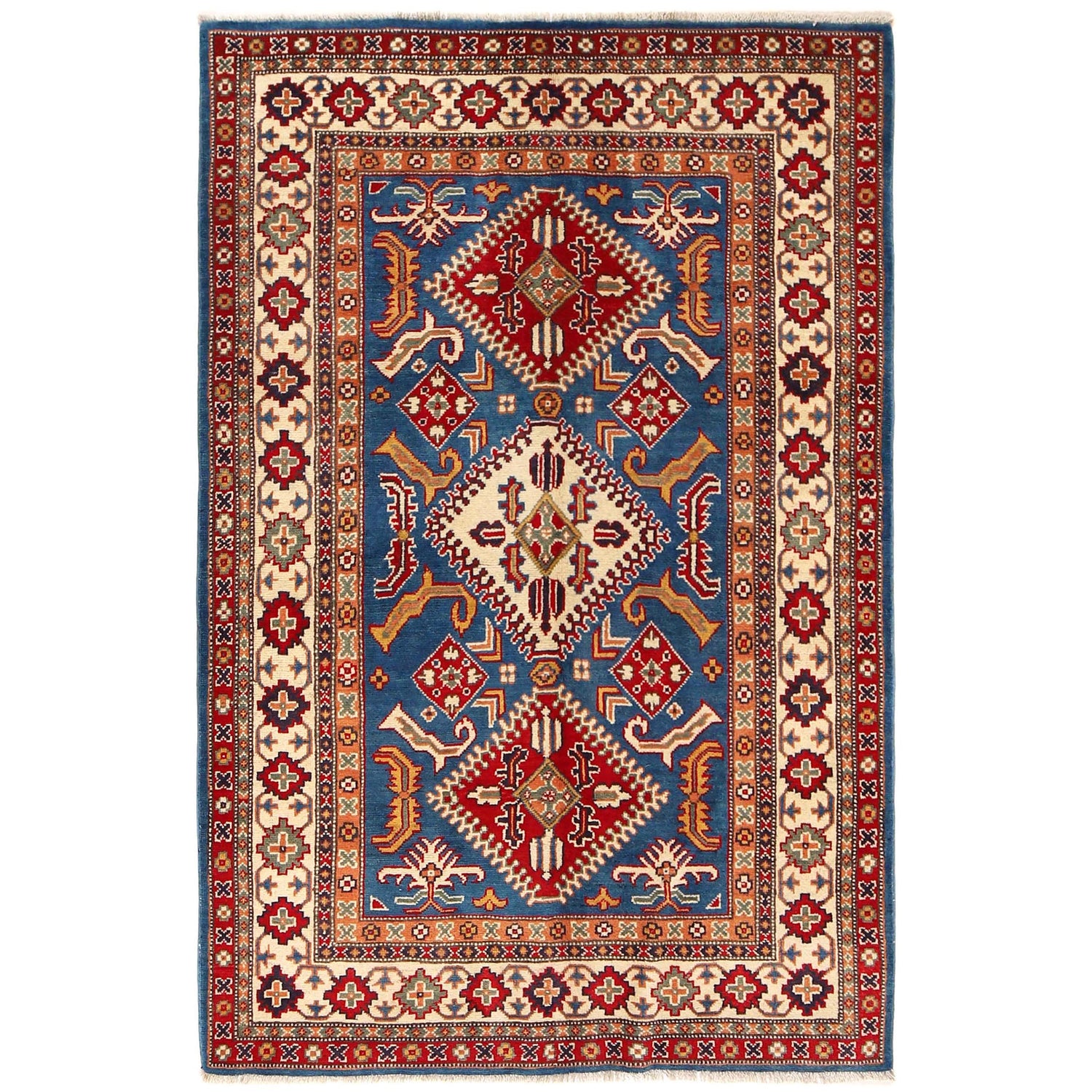 Kazak Rug Handmade Blue Medallion 4x6 ft