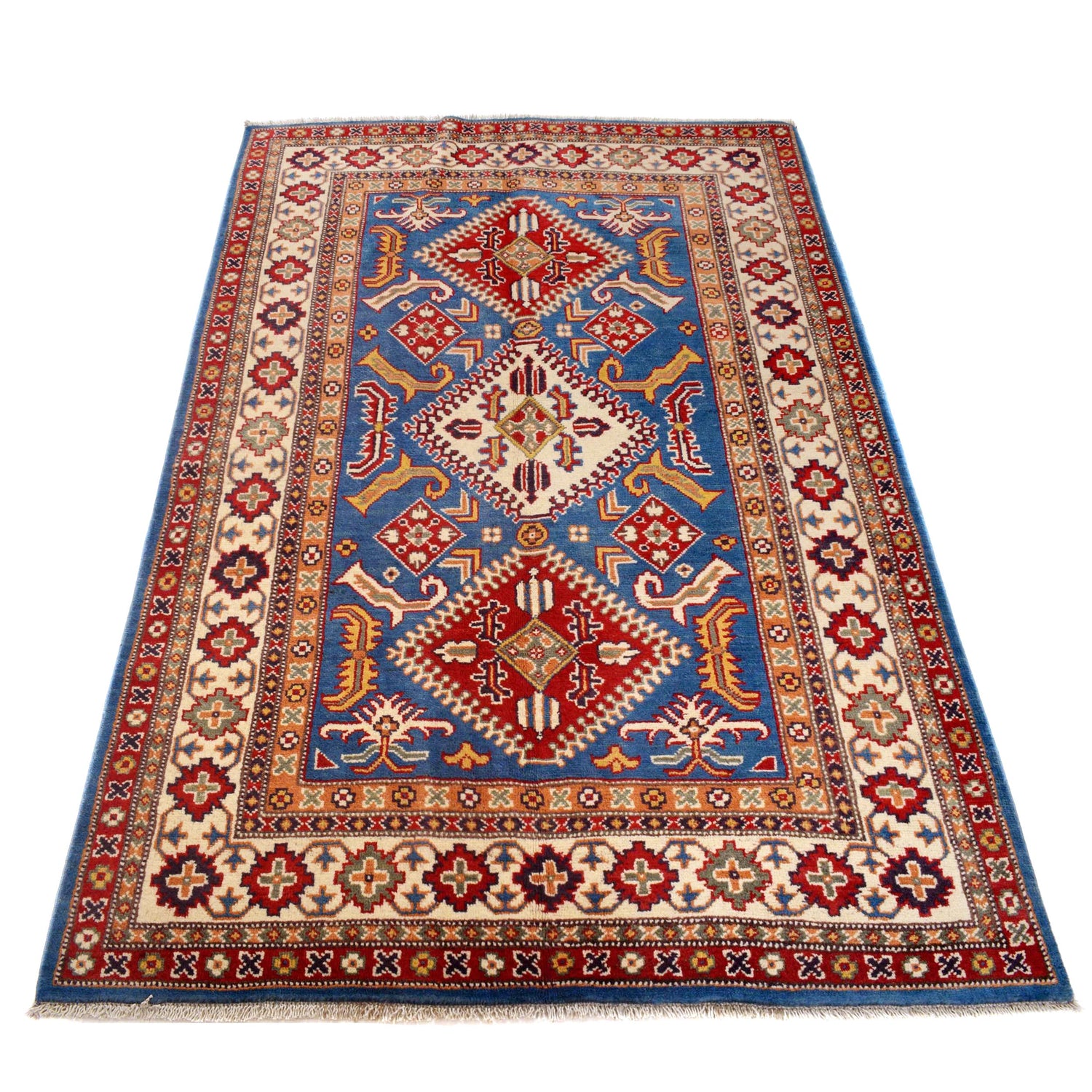 Kazak Rug Handmade Blue Medallion 4x6 ft