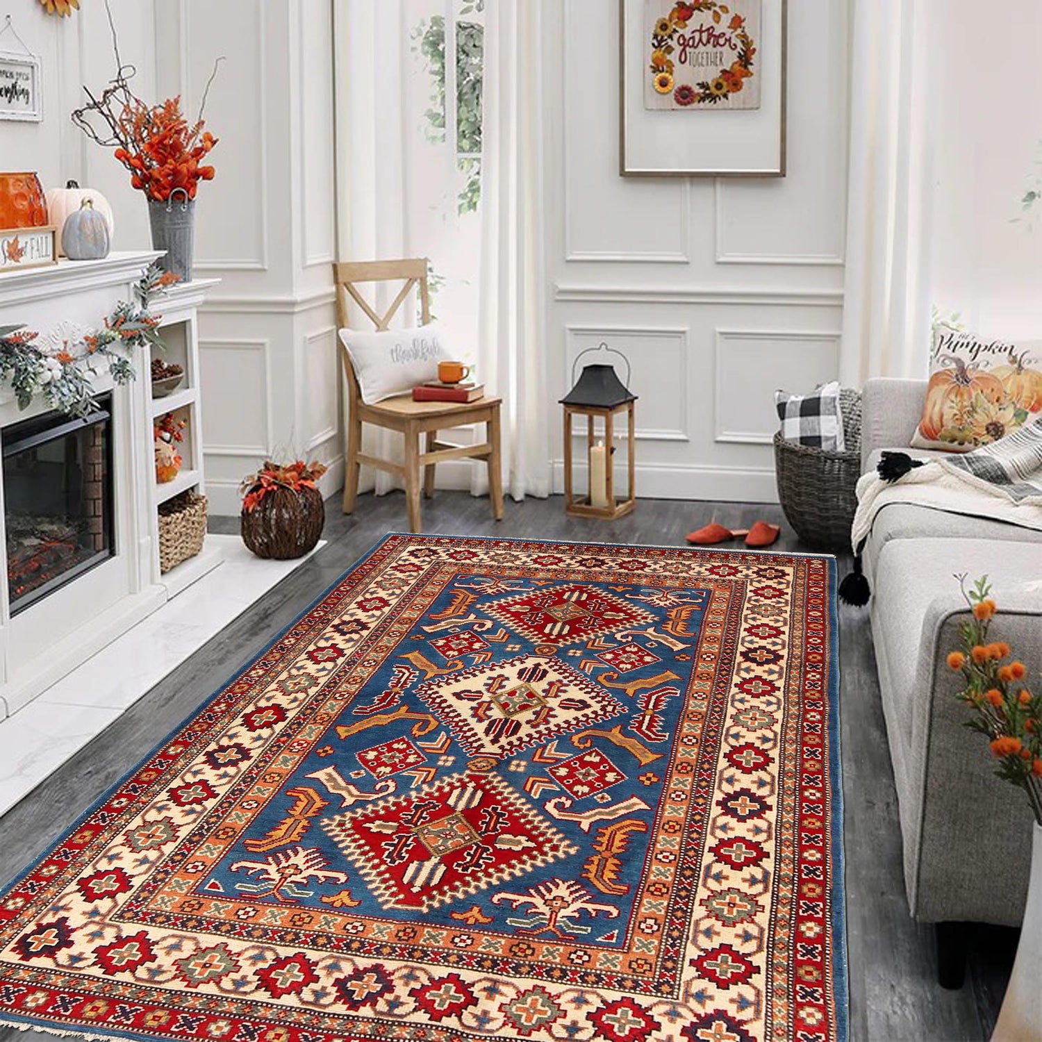 Kazak Rug Handmade Blue Medallion 4x6 ft