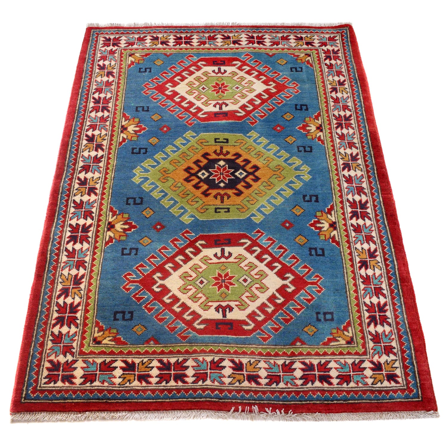 Kazak Rug Handmade Blue Medallion 3x5 ft