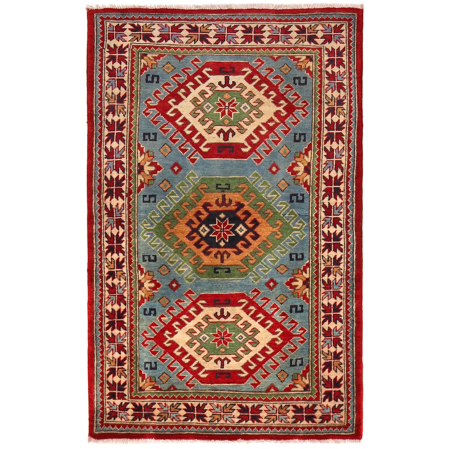 Kazak Rug Handmade Blue Medallion 3x5 ft