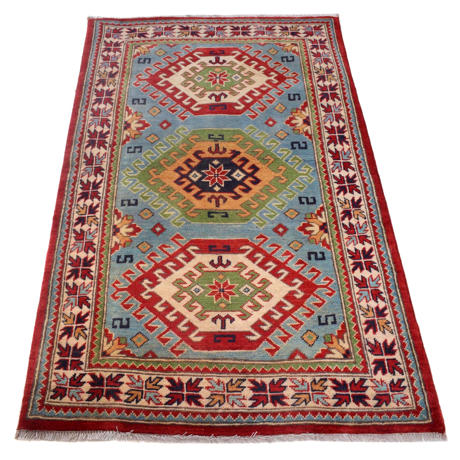Kazak Rug Handmade Blue Medallion 3x5 ft