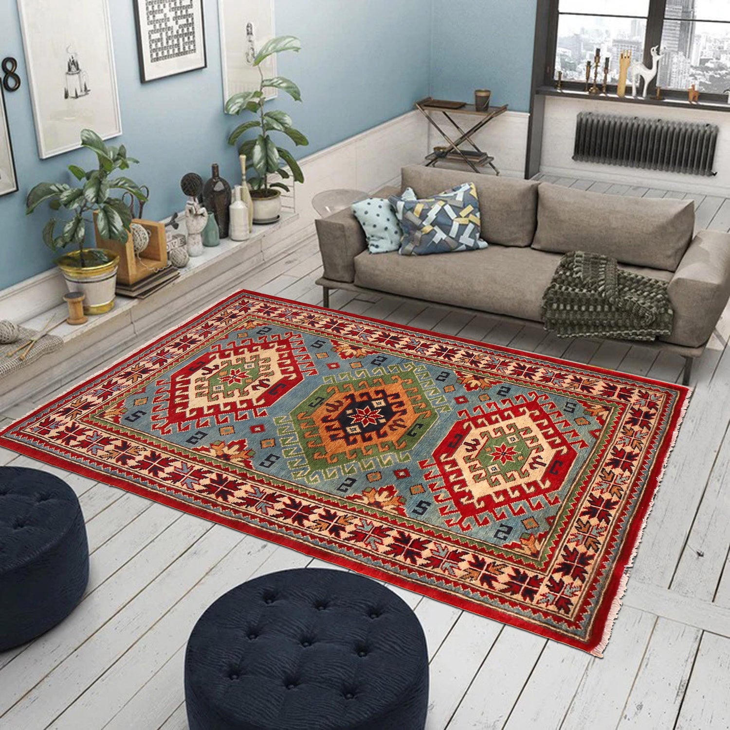 Kazak Rug Handmade Blue Medallion 3x5 ft