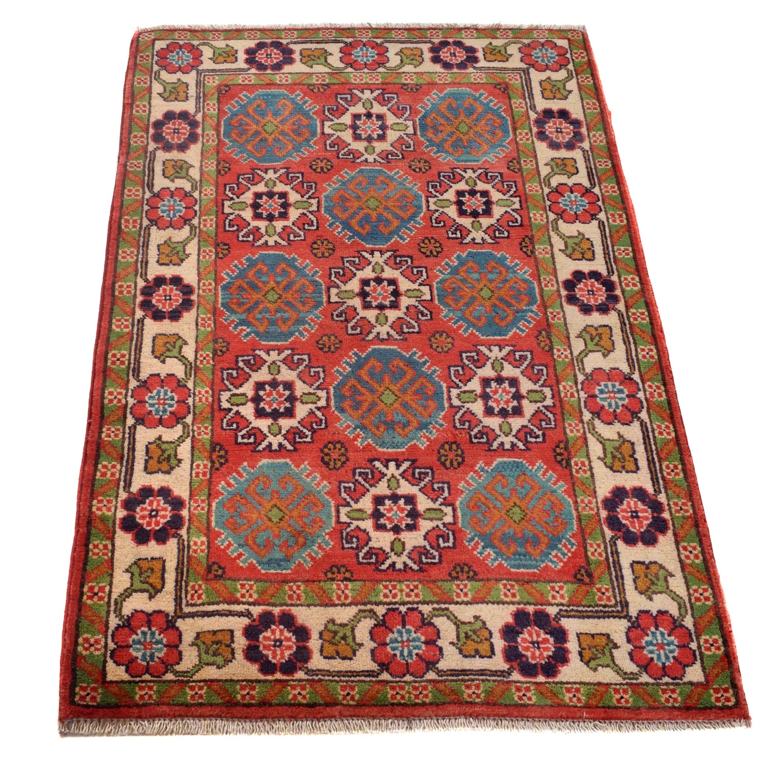 Kazak Rug Handmade Red Medallion 2x4 ft