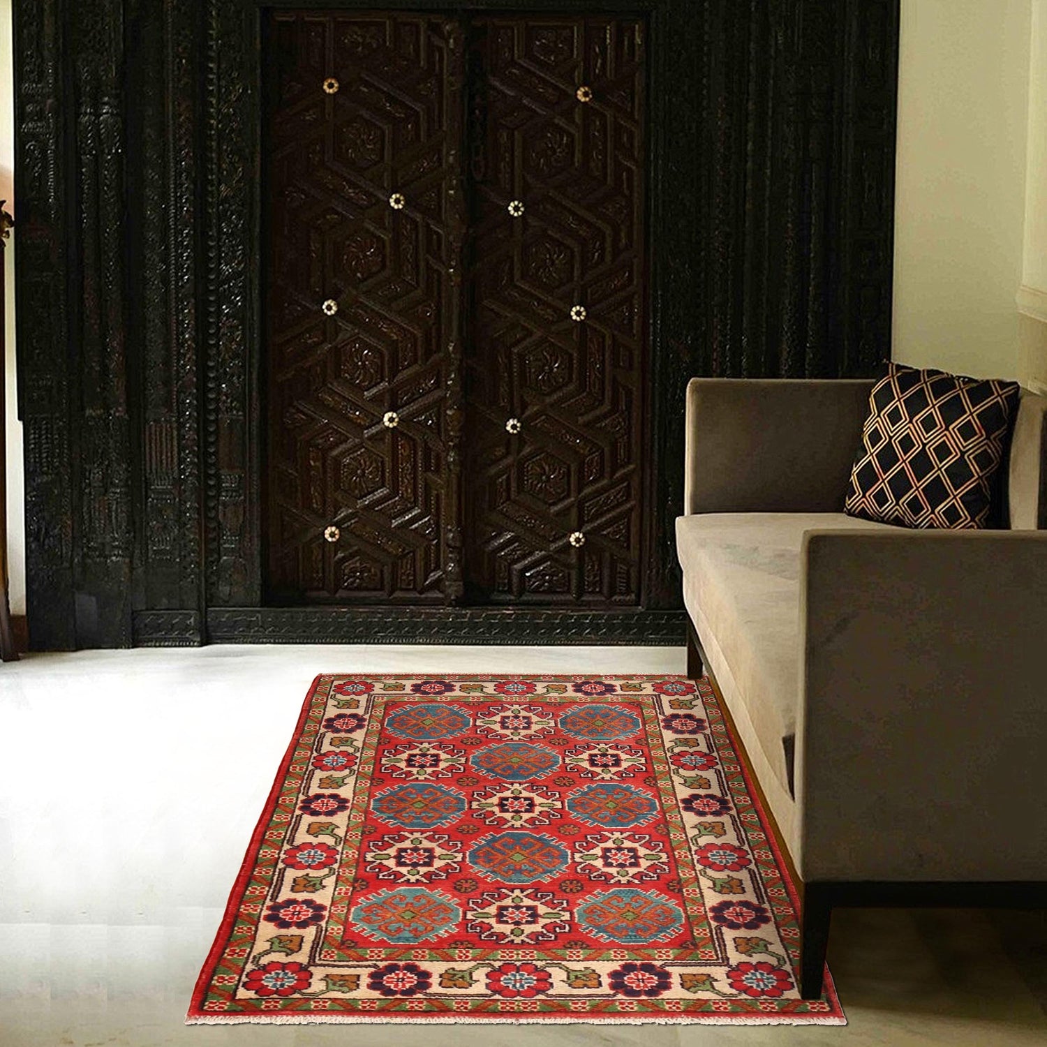 Kazak Rug Handmade Red Medallion 2x4 ft