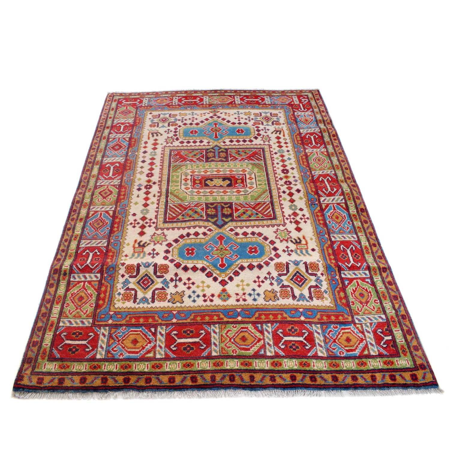 Kazak Rug Handmade Beige Medallion 4x7 ft