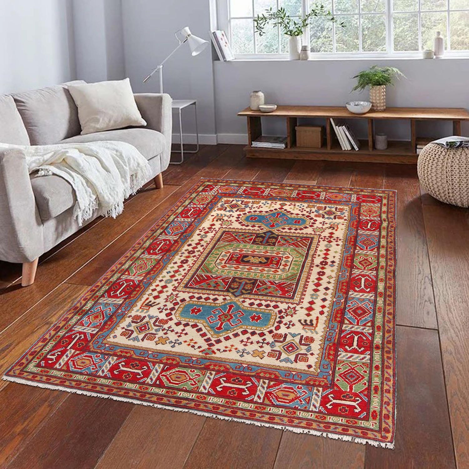 Kazak Rug Handmade Beige Medallion 4x7 ft