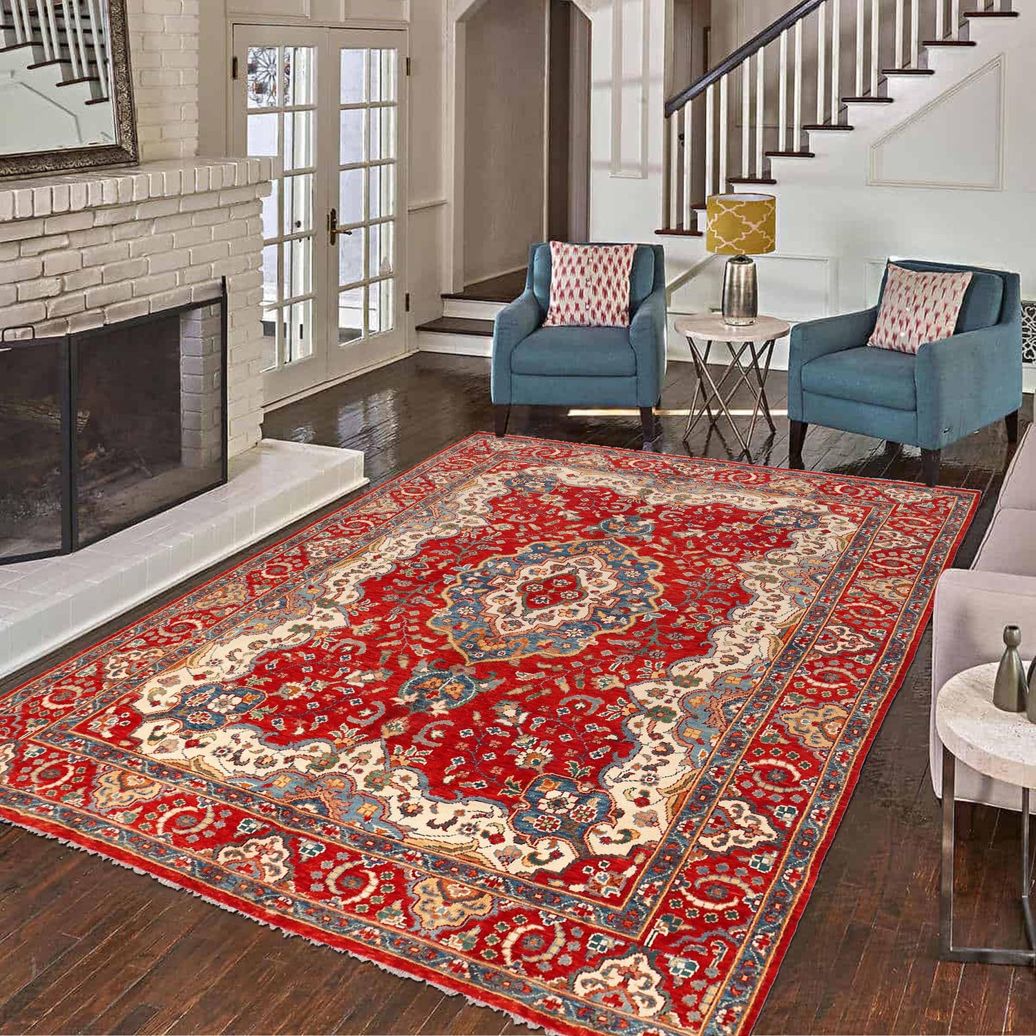 Heriz Area Rug Handmade Red Medallion 9x12 ft