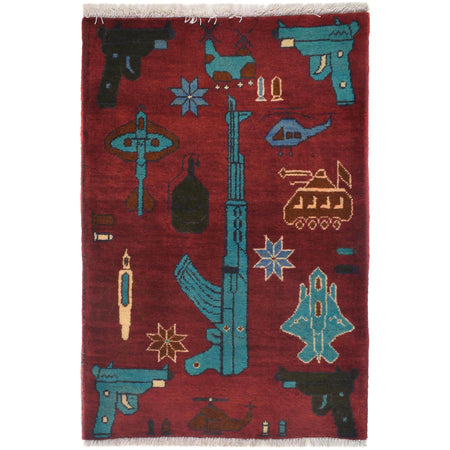 War Area Rug Handmade Red Riffle + Grenade 2 x 3 ft