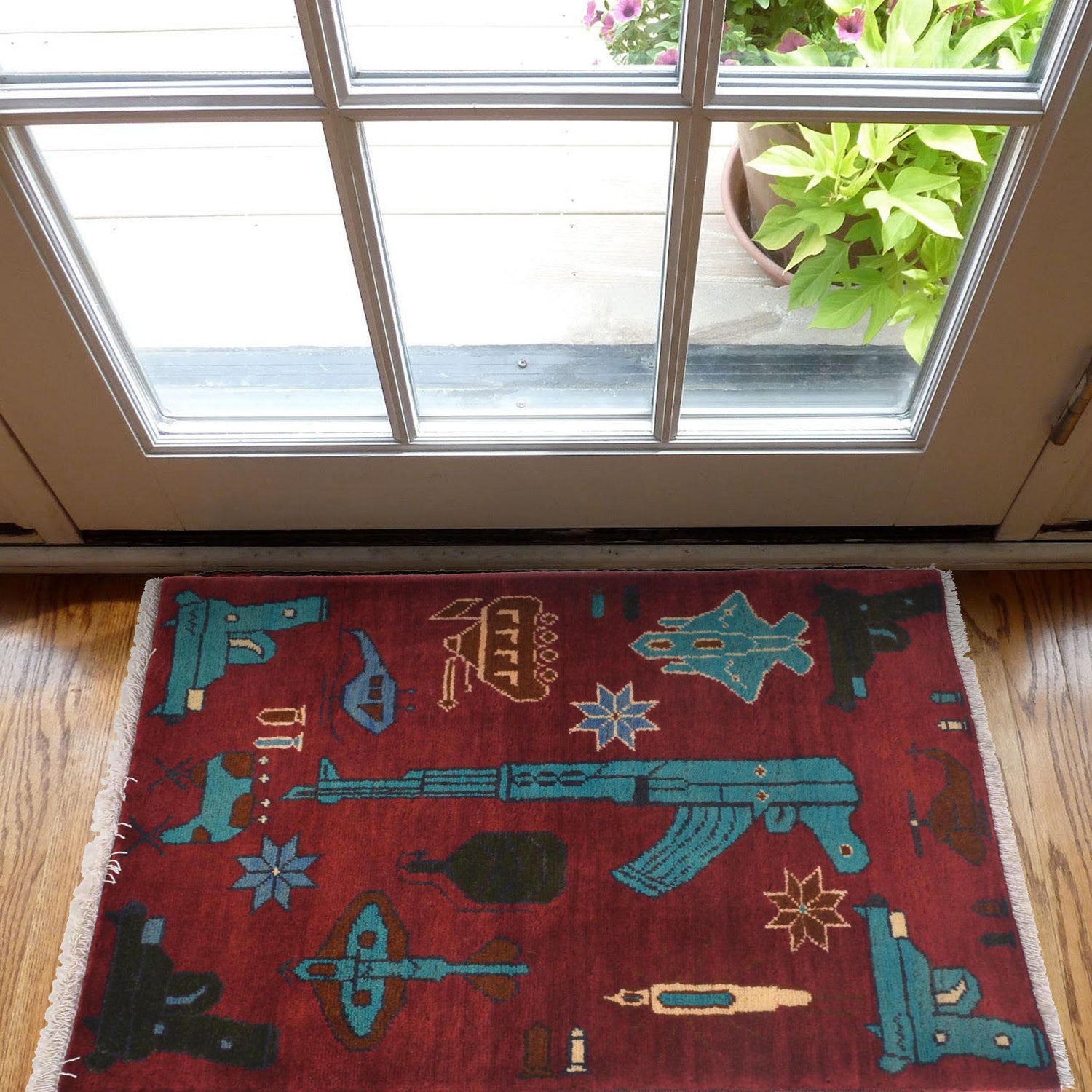 War Area Rug Handmade Red Riffle + Grenade 2 x 3 ft