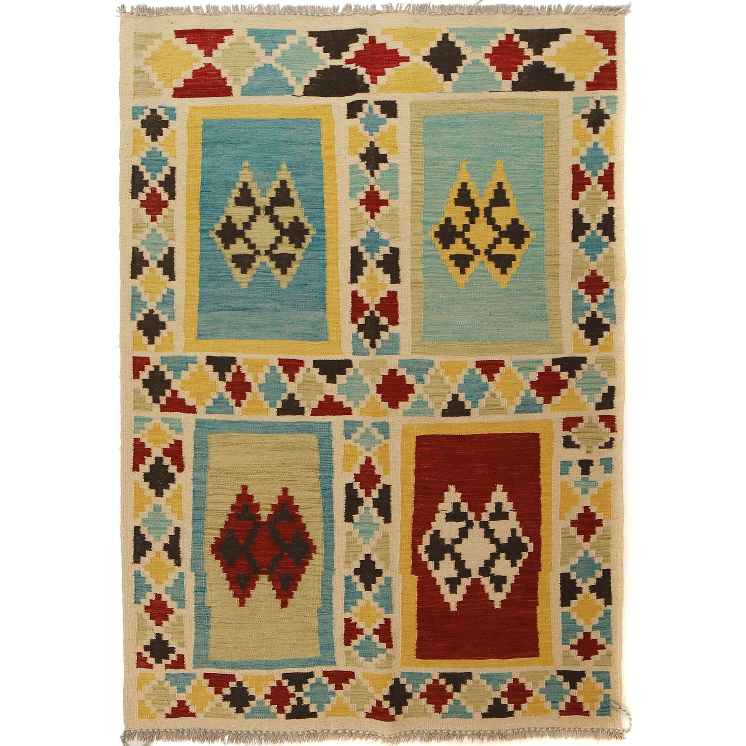 Hand-Knotted Multi Geometric Vegetable Kilim Area Rug – 4' 4" x 6' 3" ft (133 x 190 cm) | SKU: W31593
