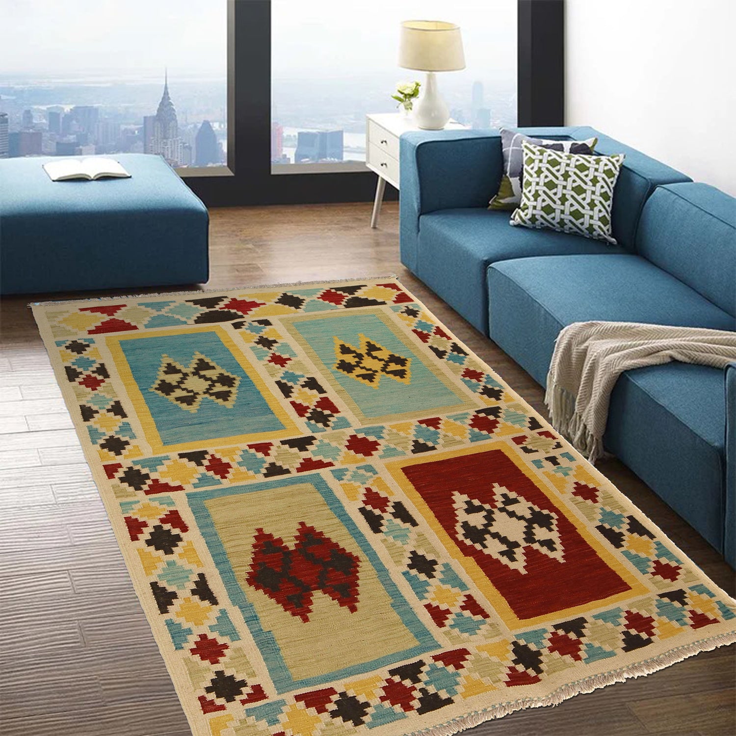 Hand-Knotted Multi Geometric Vegetable Kilim Area Rug – 4' 4" x 6' 3" ft (133 x 190 cm) | SKU: W31593