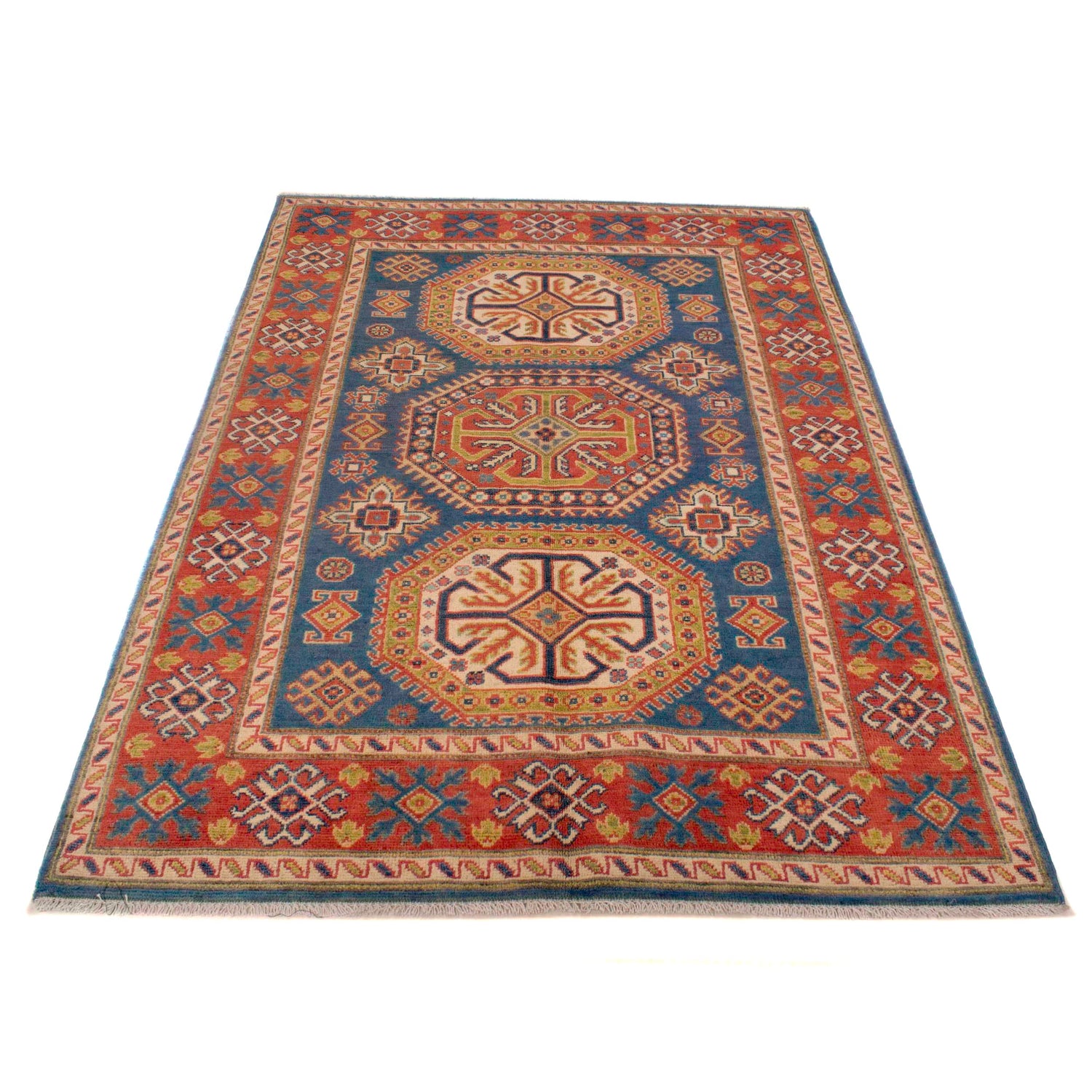 Kazak Rug Handmade Blue Medallion 4x6 ft