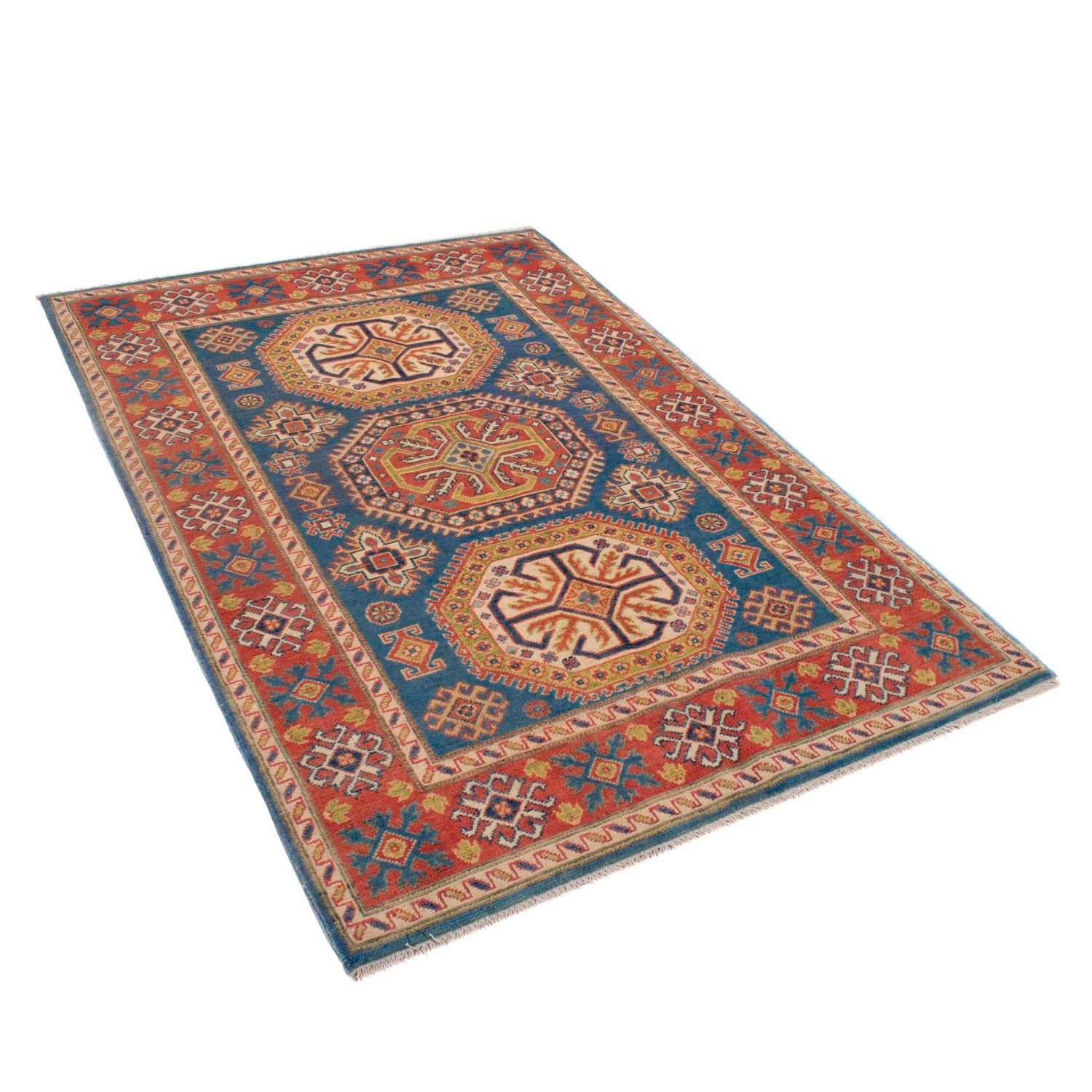 Kazak Rug Handmade Blue Medallion 4x6 ft
