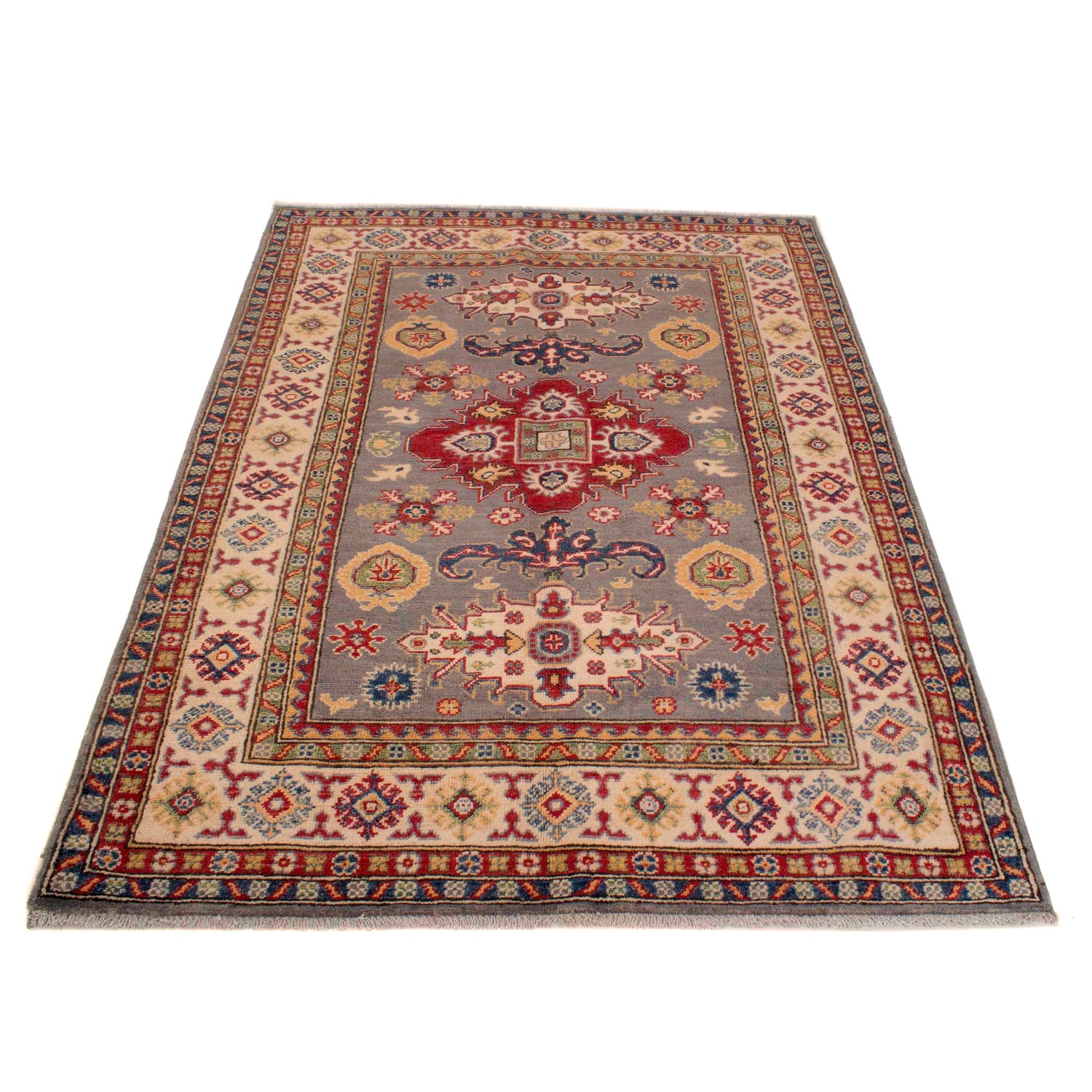 Kazak Rug Handmade Gray Medallion 4x6 ft
