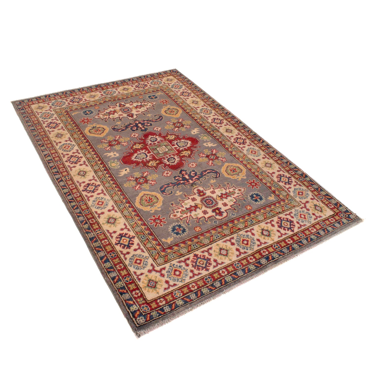 Kazak Rug Handmade Gray Medallion 4x6 ft