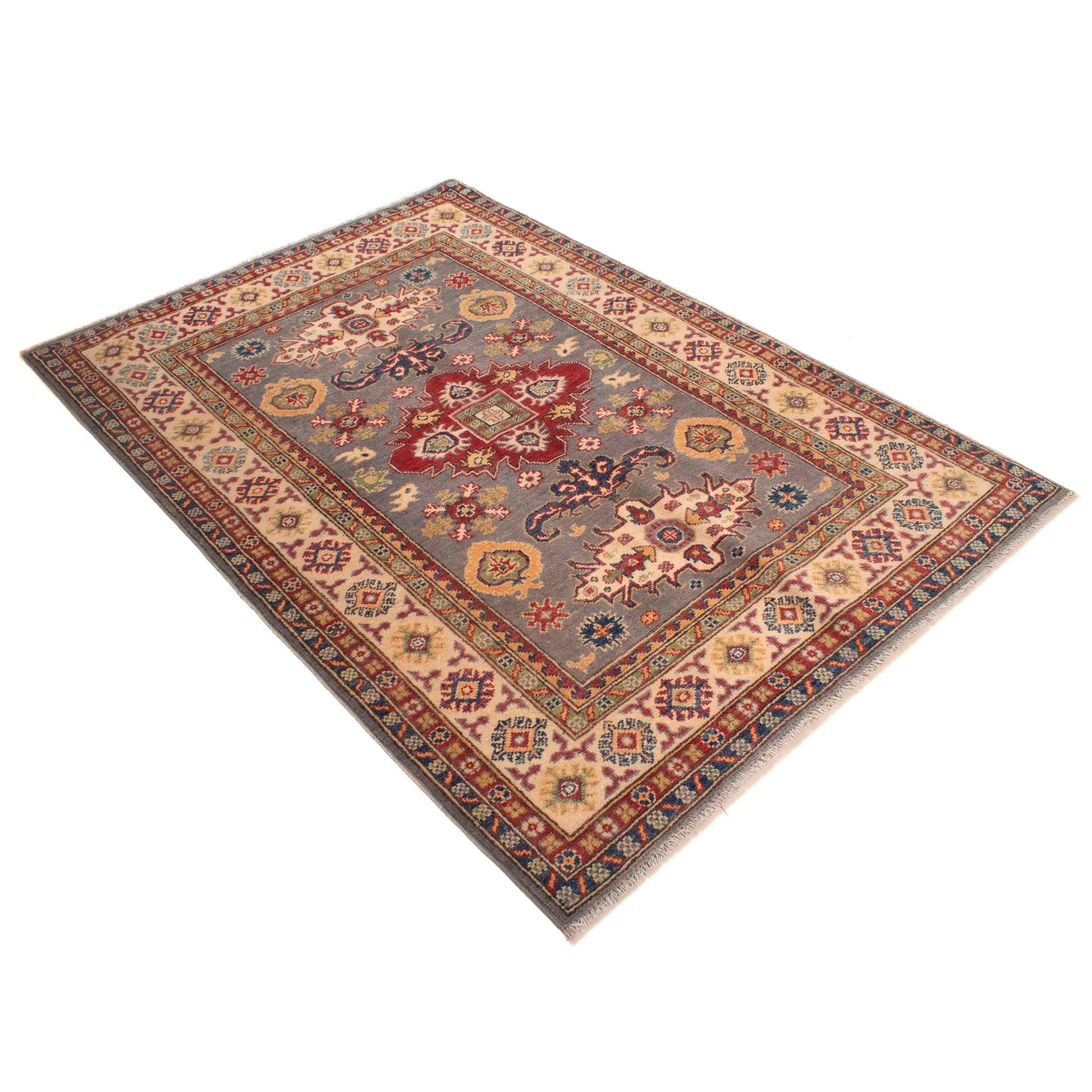 Kazak Rug Handmade Gray Medallion 4x6 ft