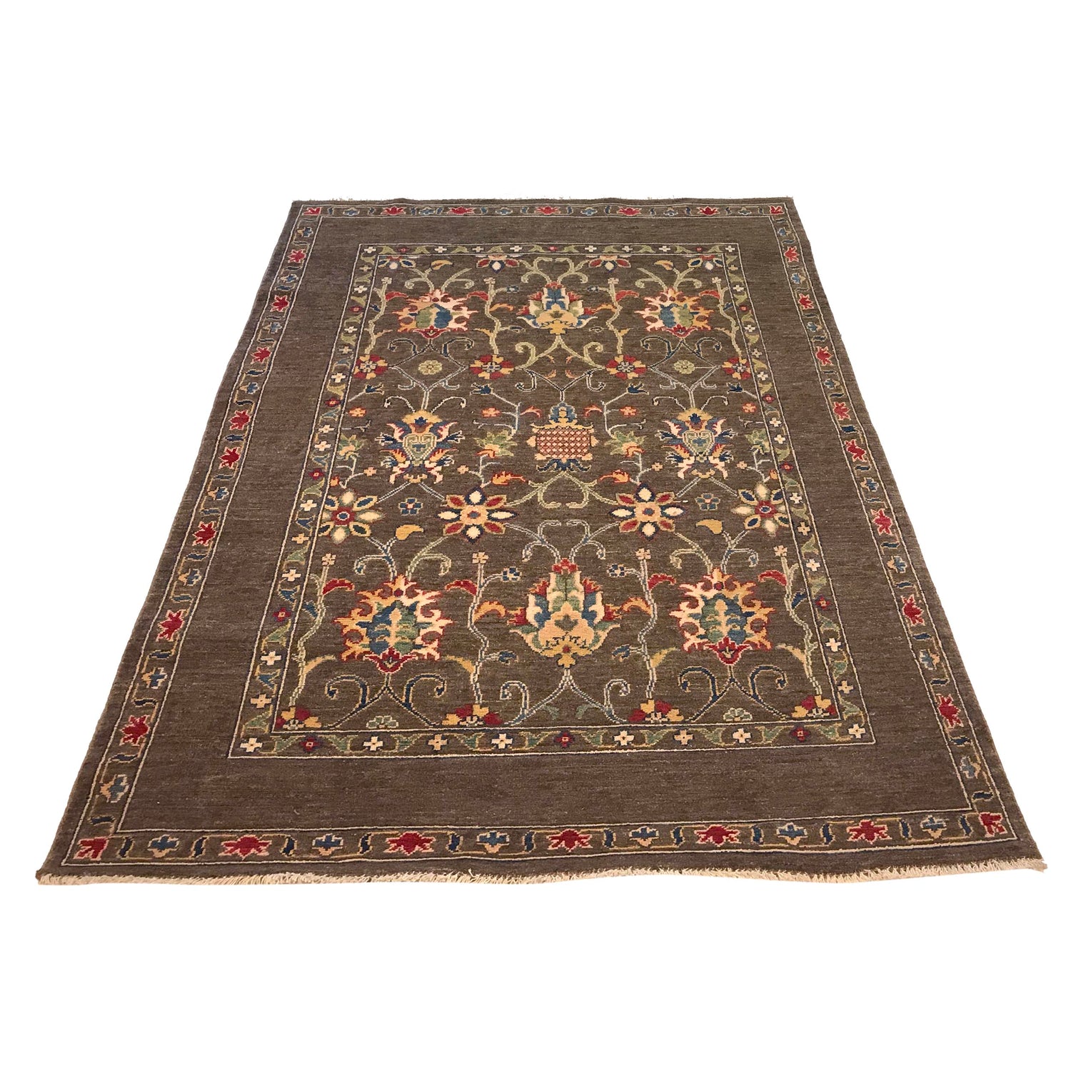 Sultani Area Rug Handmade Brown Floral 4x7 ft