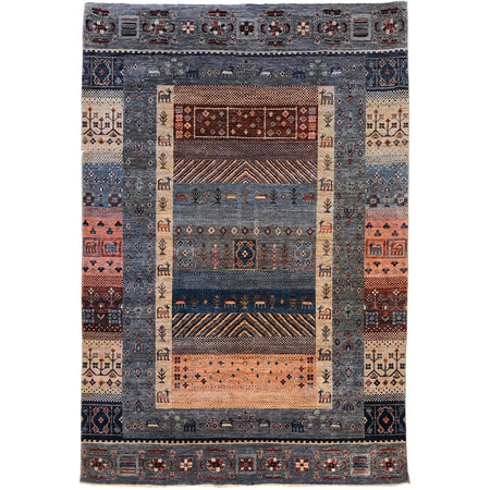 Shikargah Area Rug Handmade Blue Animal/Birds 7x10 ft