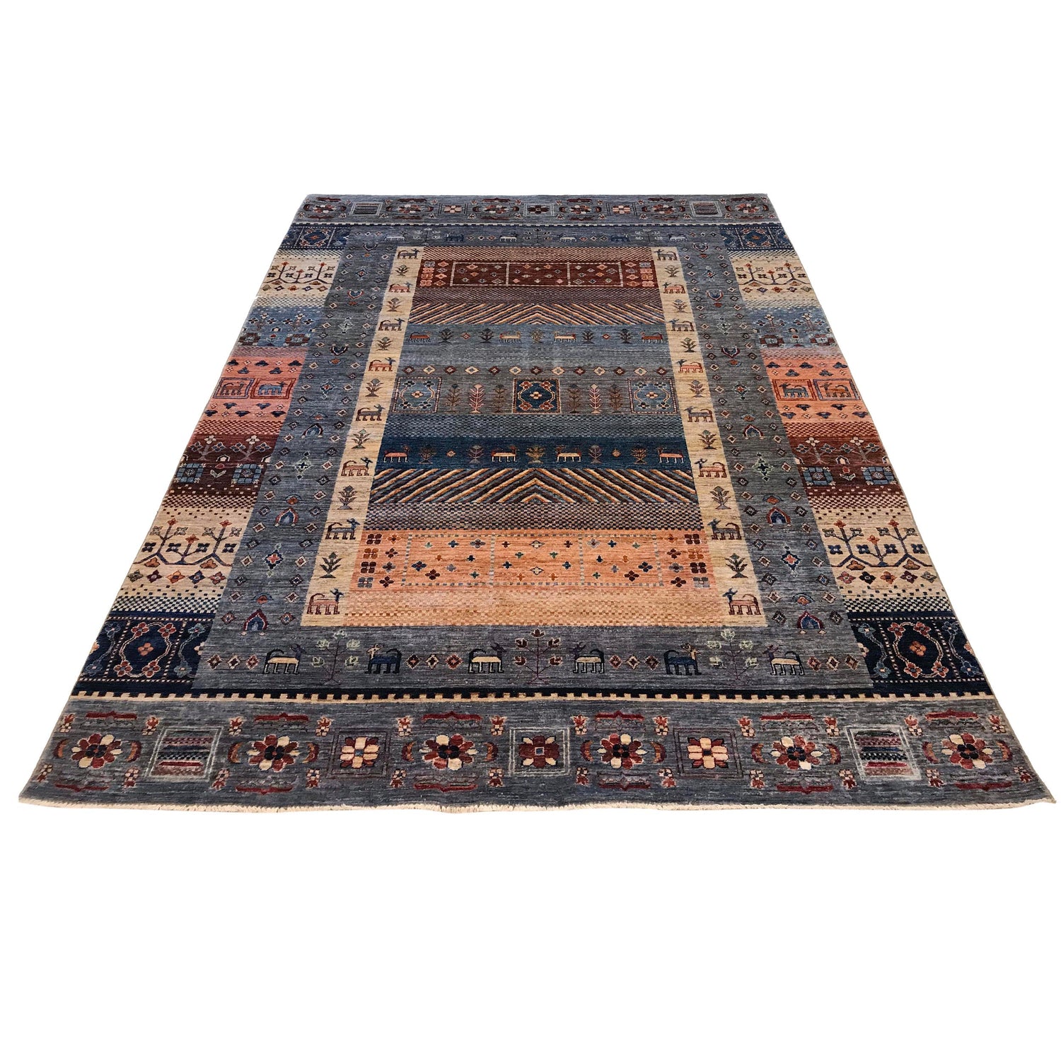 Shikargah Area Rug Handmade Blue Animal/Birds 7x10 ft