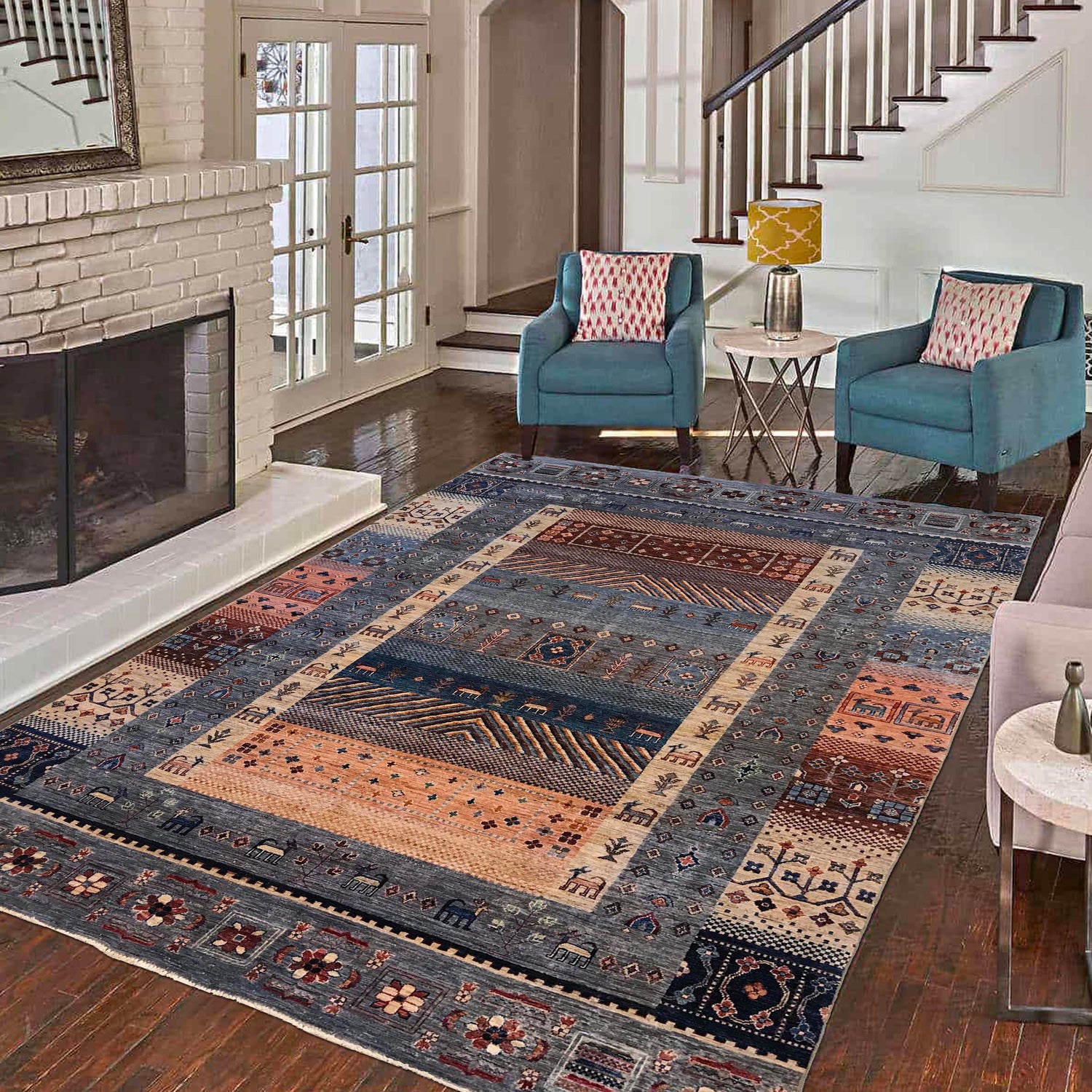 Shikargah Area Rug Handmade Blue Animal/Birds 7x10 ft