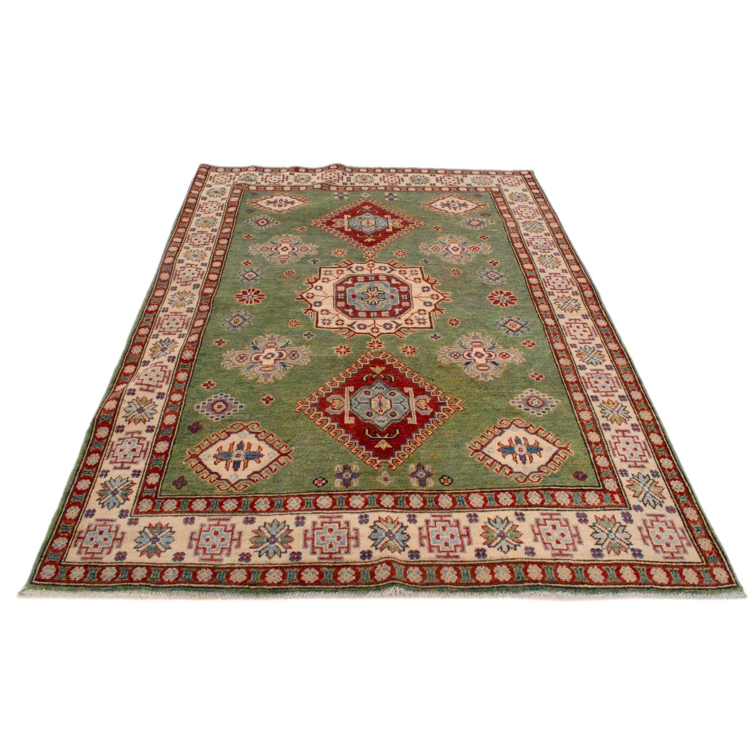 Kazak Rug Handmade Green Medallion 4x7 ft