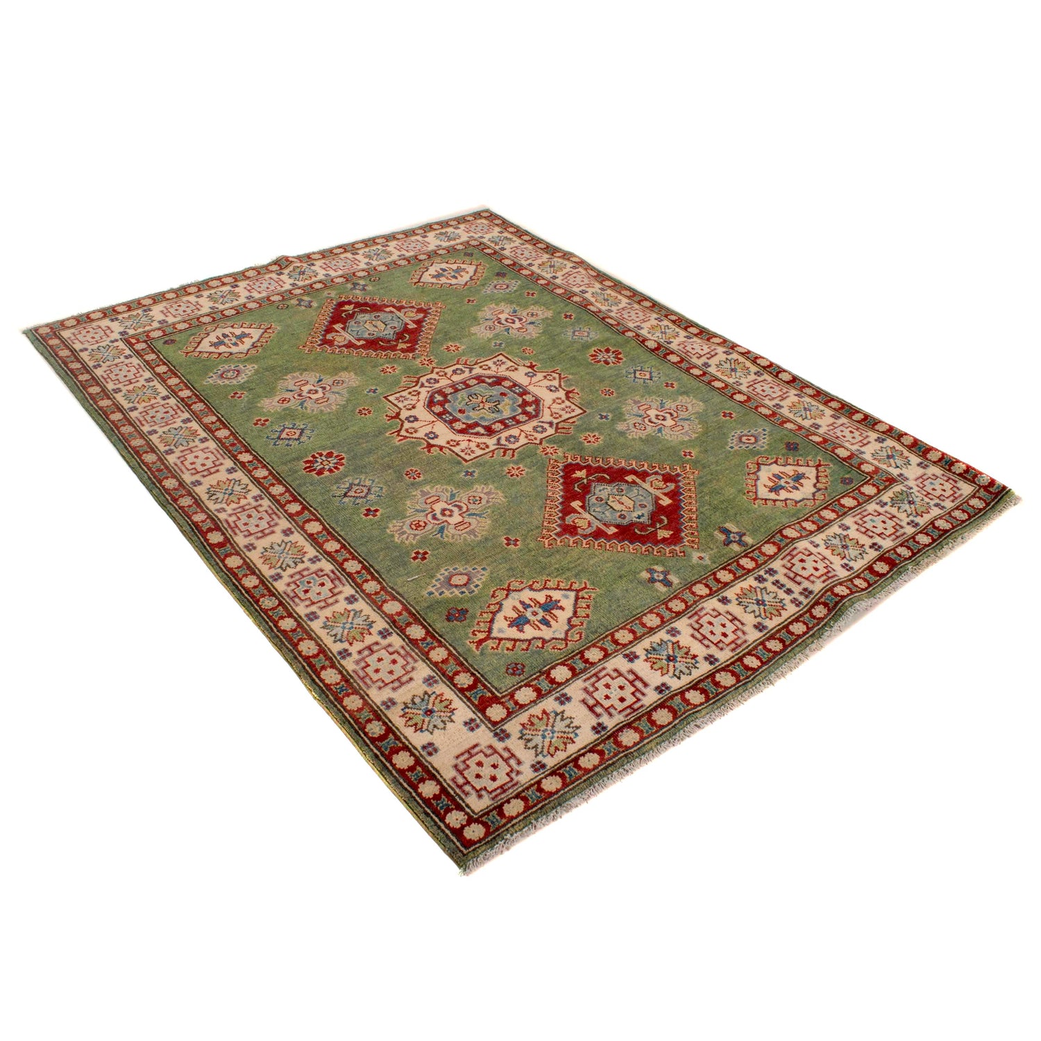 Kazak Rug Handmade Green Medallion 4x7 ft