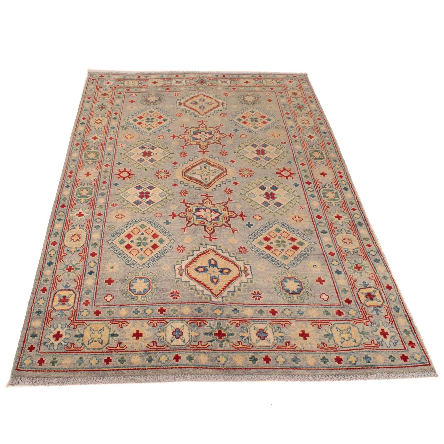 Kazak Rug Handmade Gray Medallion 4x6 ft