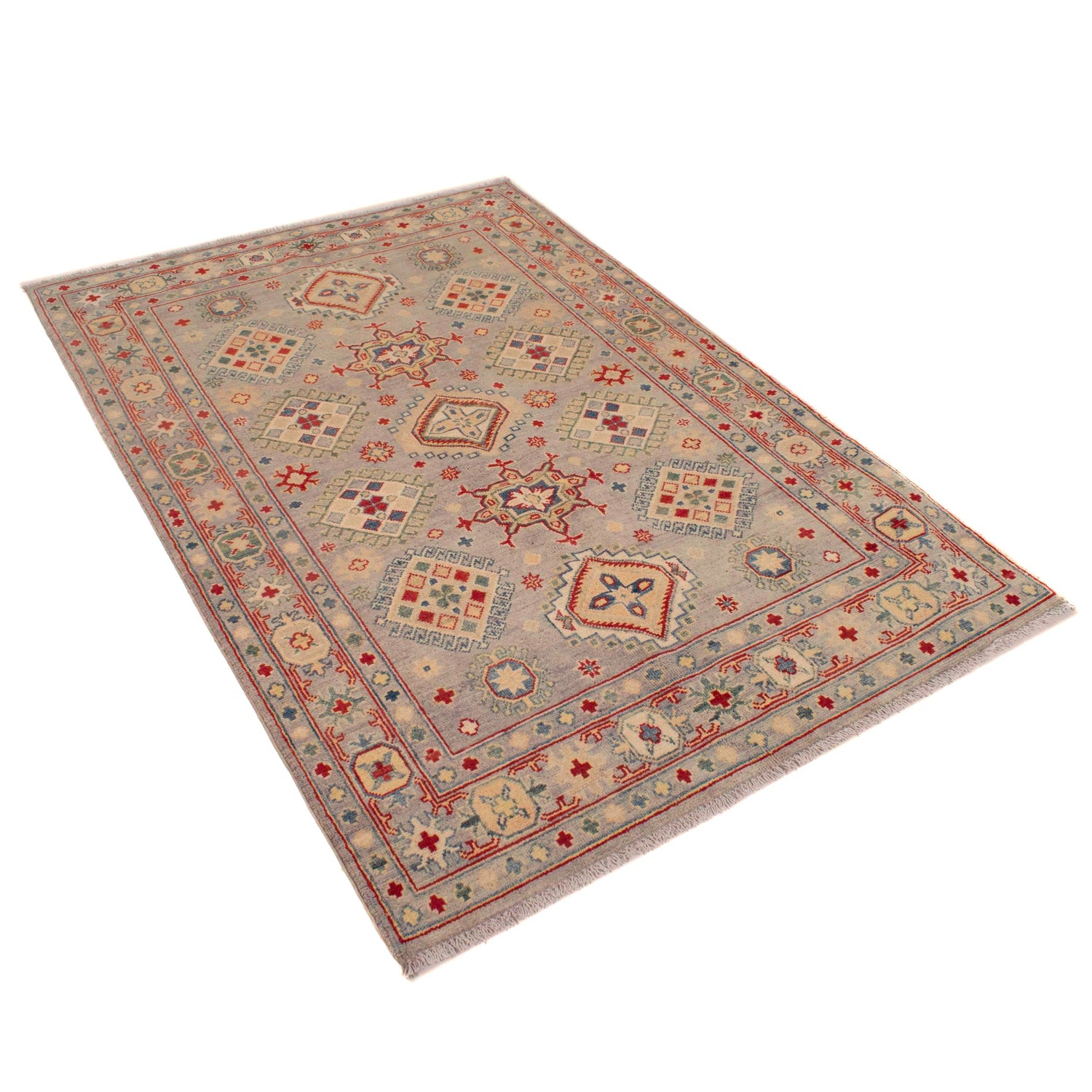 Kazak Rug Handmade Gray Medallion 4x6 ft