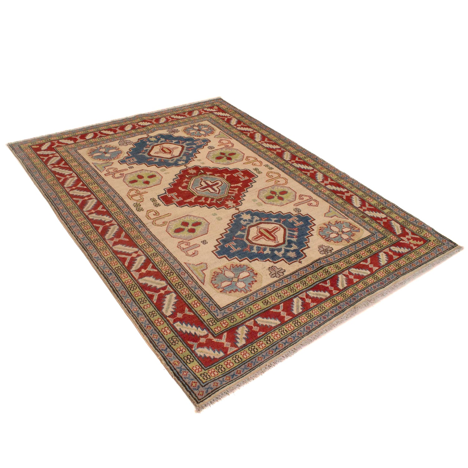 Kazak Rug Handmade Ivory Medallion 4x7 ft