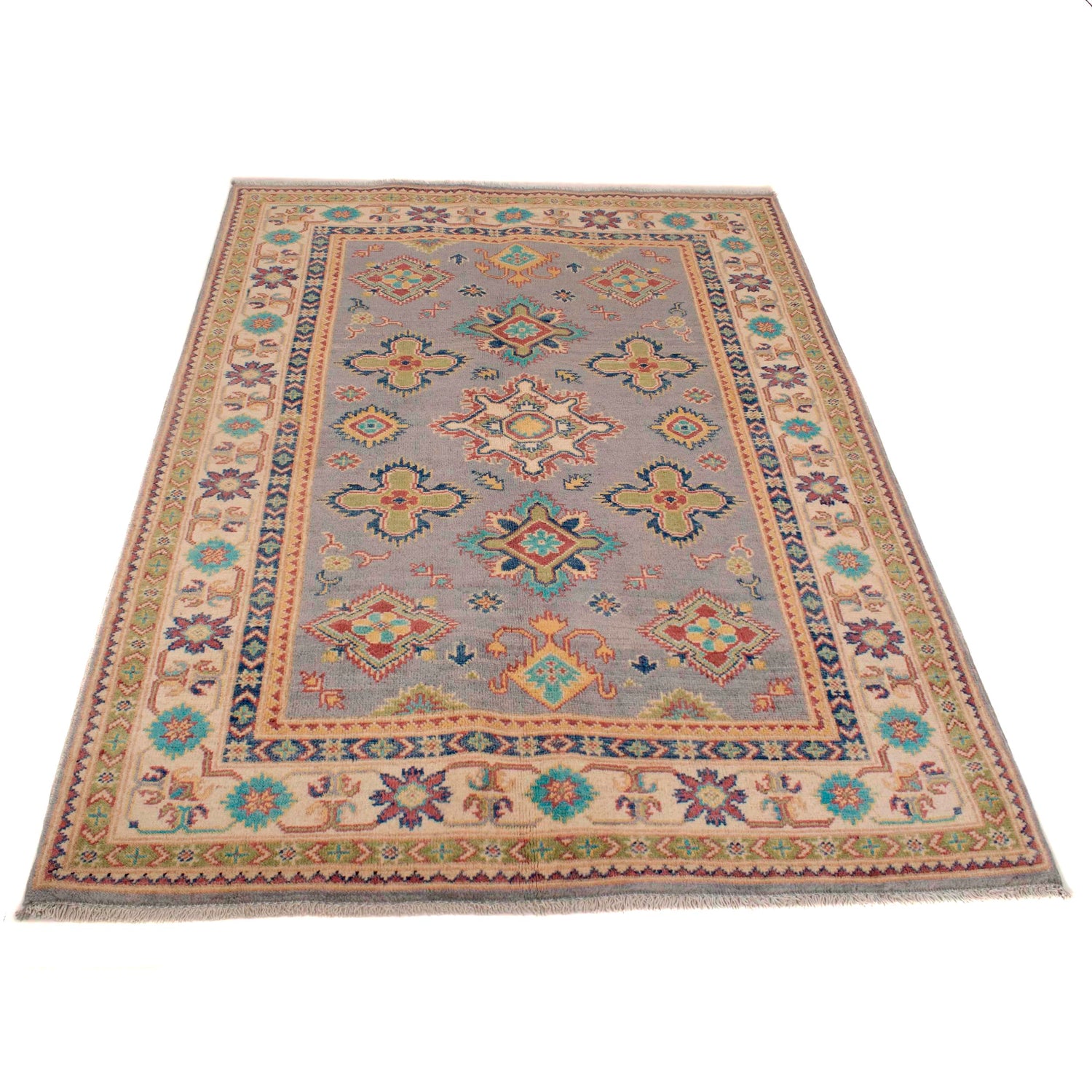 Kazak Rug Handmade Gray Medallion 4x6 ft