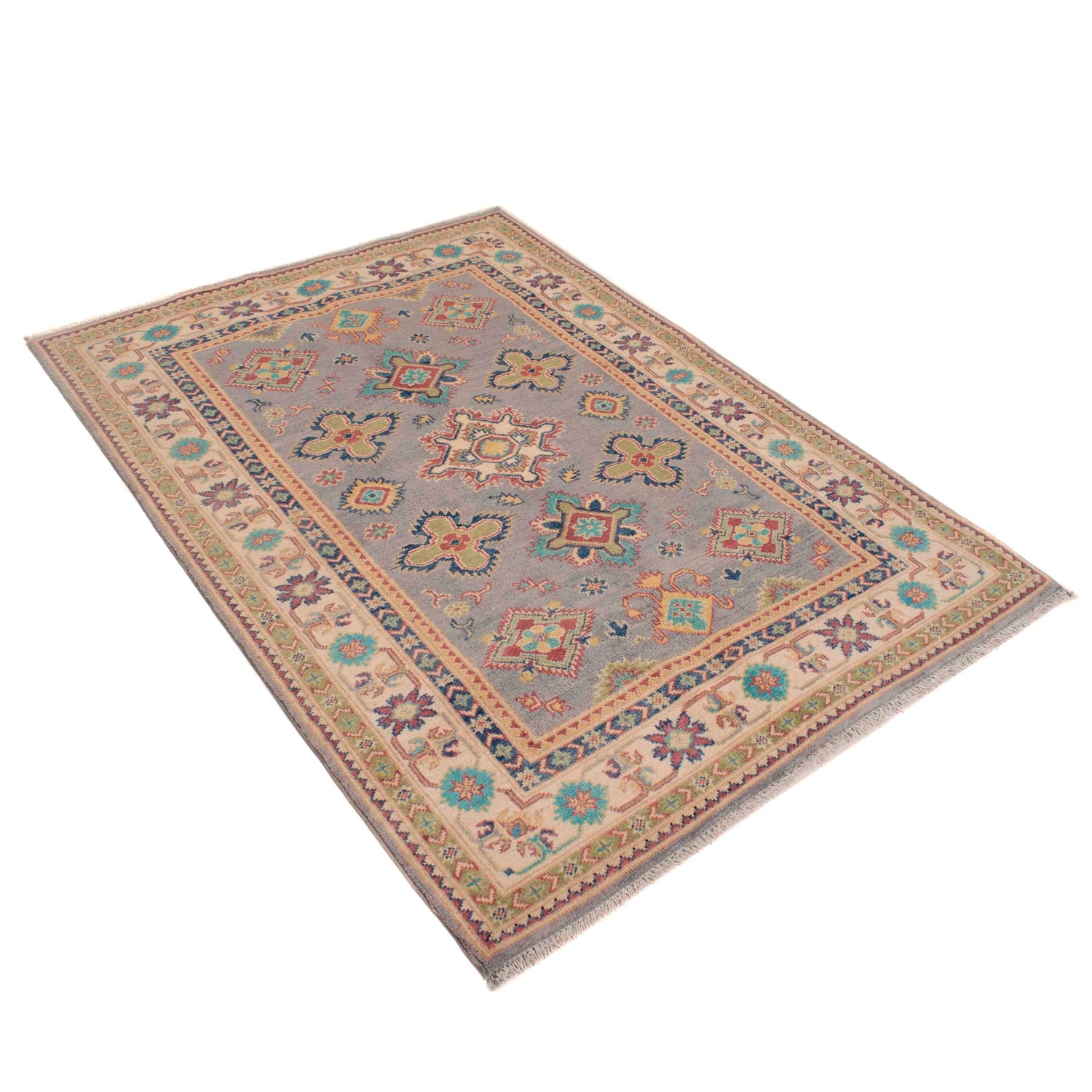 Kazak Rug Handmade Gray Medallion 4x6 ft