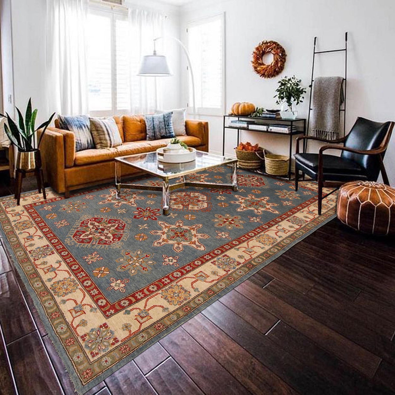 Kazak Rug Handmade Blue Medallion 7x10 ft