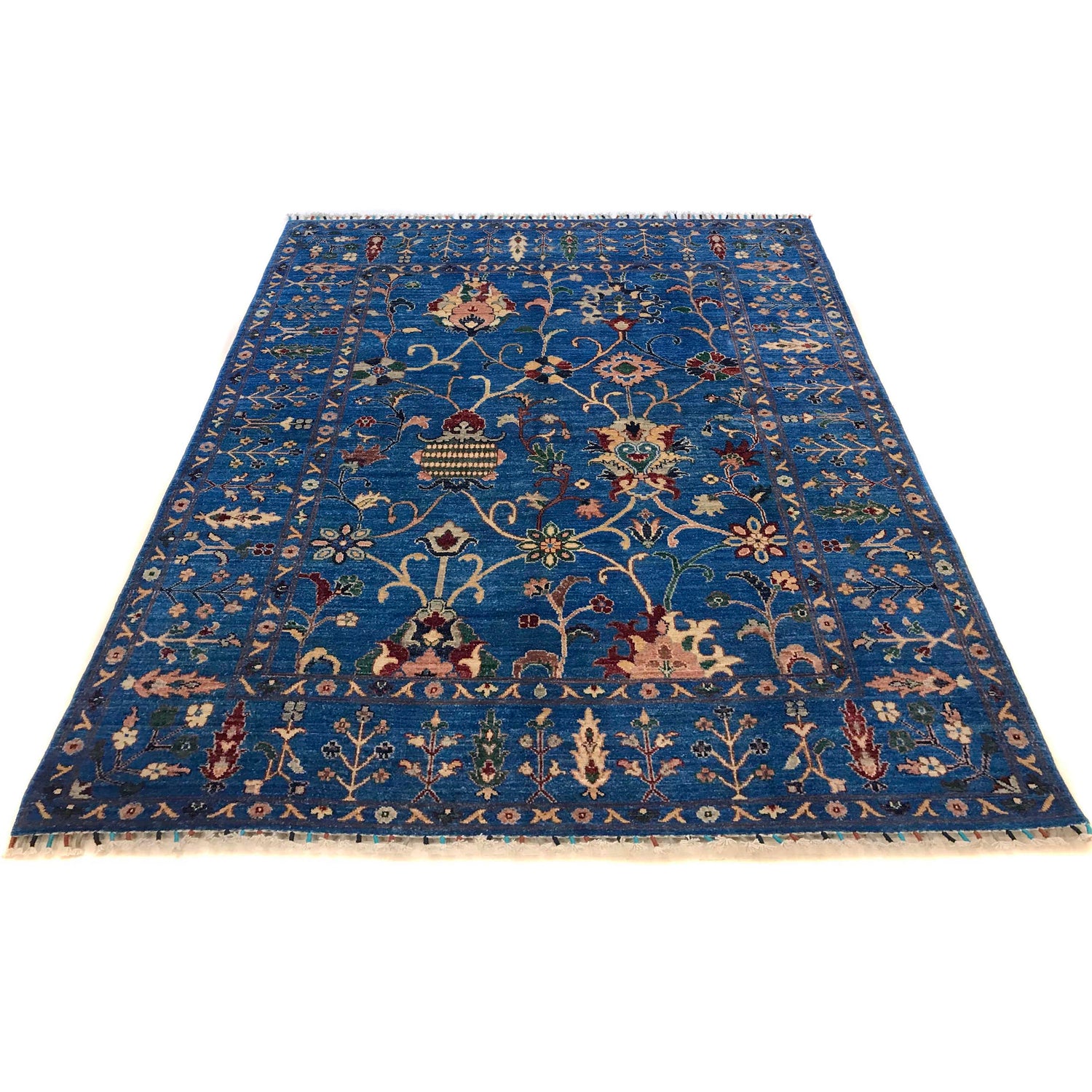Sultani Area Rug Handmade Blue Floral 5x8 ft