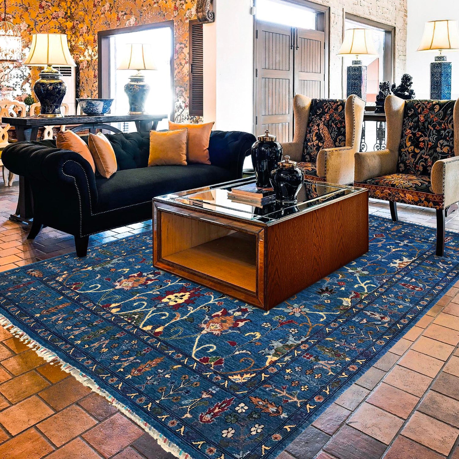 Sultani Area Rug Handmade Blue Floral 8x10 ft