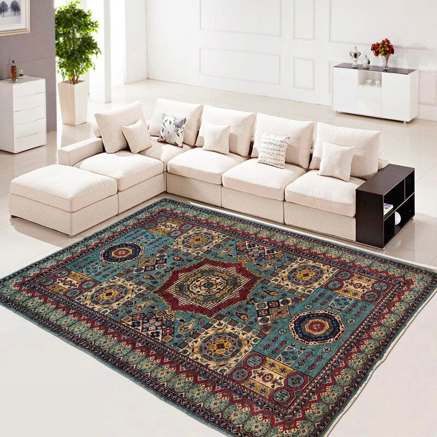 Mamluk Area Rug Handmade Blue Medallion 5x8 ft