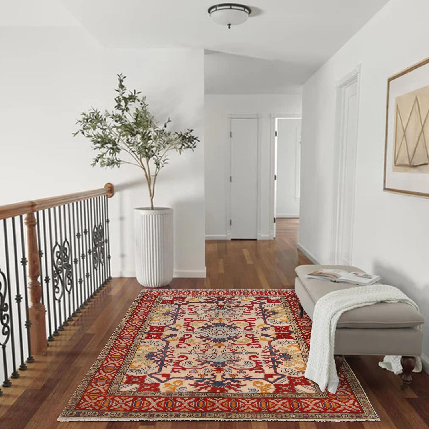 Mamluk Area Rug Handmade Beige Medallion 4x7 ft