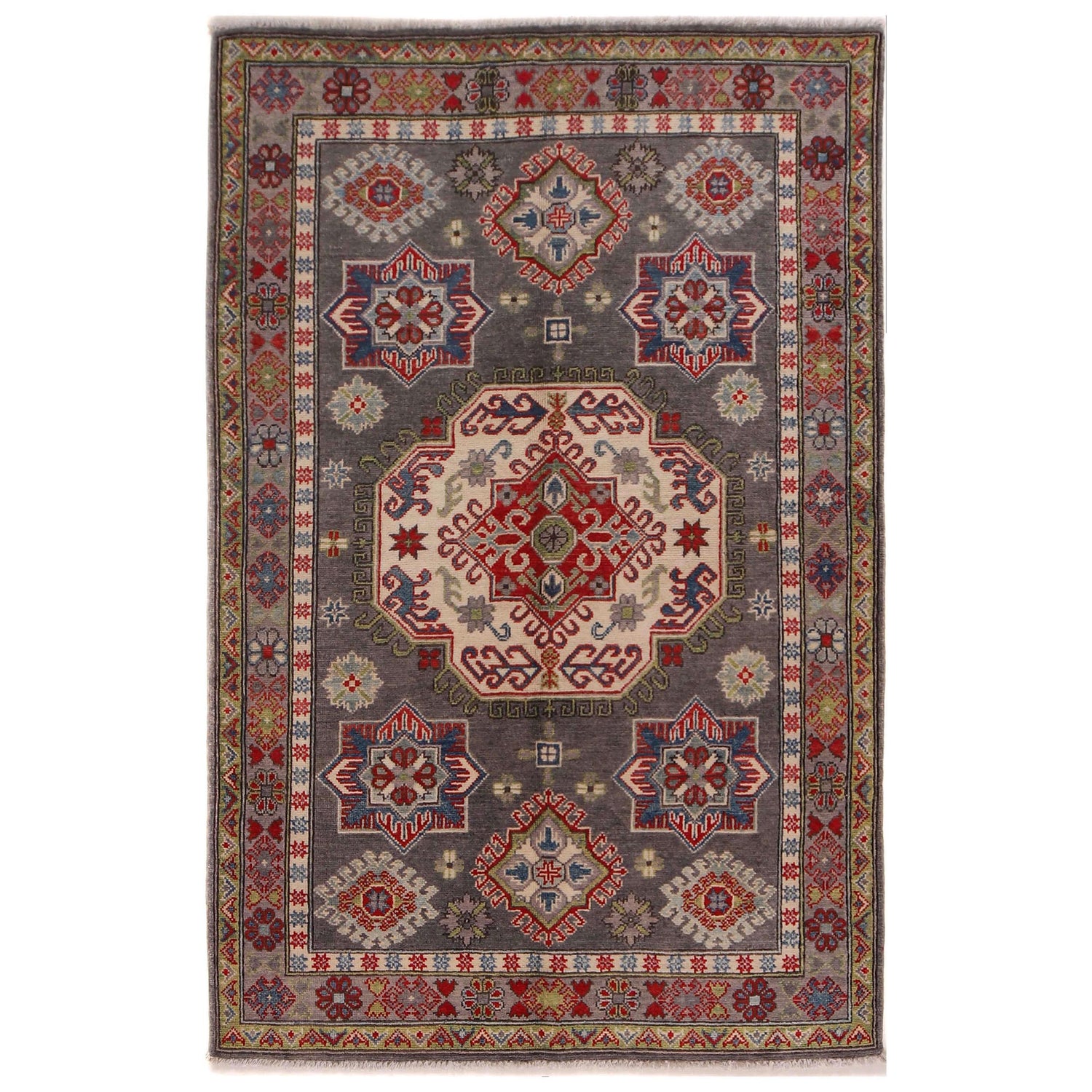 Kazak Rug Handmade Gray Medallion 4x6 ft